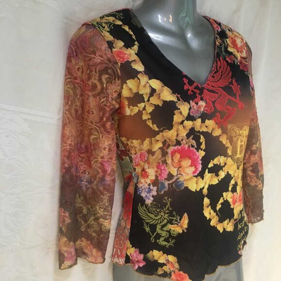 Women's Sz S Shirt Top 90s Lace Crop Reversible Floral Black Bohemian Y2K Fairy - Picture 3 of 16